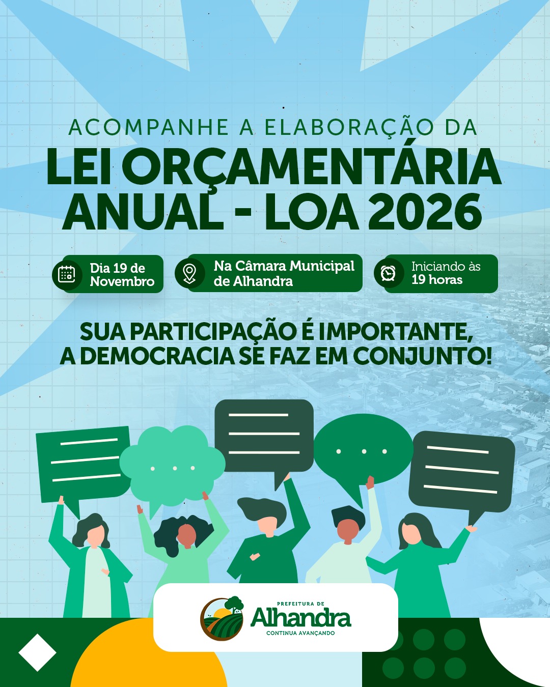 Prefeitura de Alhandra promove nesta quarta-feira (19) Audiência Pública da LOA 2026 e convoca população para discutir investimentos do próximo ano 