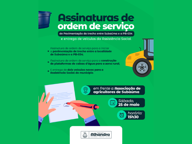 Prefeitura de Alhandra deve iniciar os serviços de pavimentação do trecho entre a PB 034 e Subaúma; assinatura da Ordem de Serviço será neste sábado 
